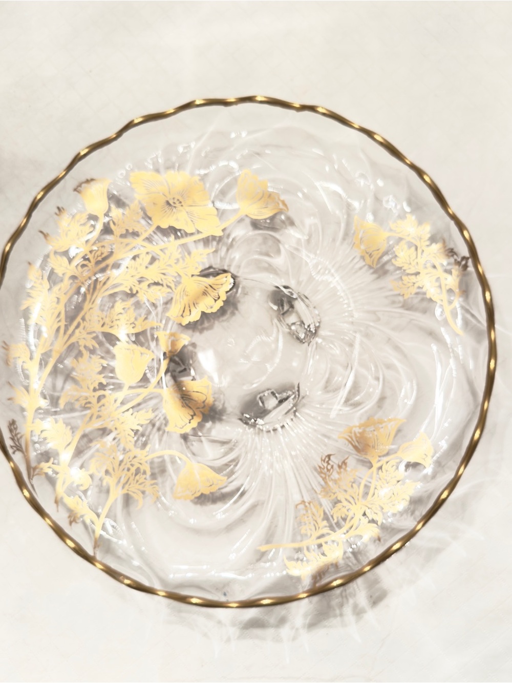 Vintage Cambridge Glass Caprice 4 Footed Shallow Bowl - 22K Gold  Flowers